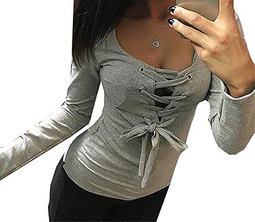 WANabcMAN Graceful Women's Tee Slim Bandage Hollow Out V Neck Blouse GrayChina S=US XS