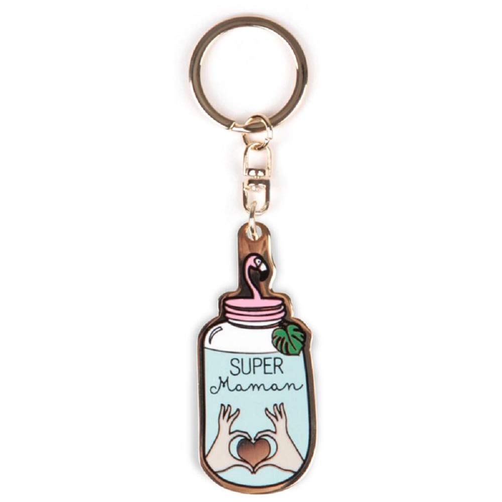 Label Tour Super Maman Enamelled Key Ring Mounted on Gold Metal 5.6 x 2.5 cm