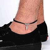 Handmade Black Anklet For Men Set With Silver Plated Feather Pendant By Galis Jewelry - Ankle Bracelet For Men - Feather Anklet For Men
