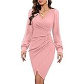 ihot Women's 2026 Sexy V Neck Mesh Long Sleeve Faux Wrap Ruched Sheath Bodycon Party Cocktail Work Dress