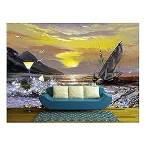 Sailing Boat in Waves on a Decline - Removable Wall Mural | Self-Adhesive Large Wallpaper - 66x96 inches