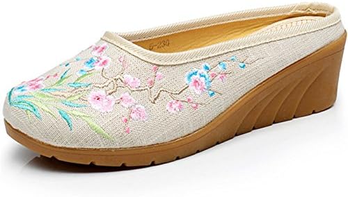 Qhome Women's Chinese Plum Flower Bamboo Embroidery Linen Comfortable Casual Mules House Wedge Slippers Shoes