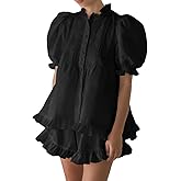 Xfileen Women Ruffle 2 Piece Sets Fashion Puff Sleeve Button Down Shirts and Shorts Cotton Pajamas Sets