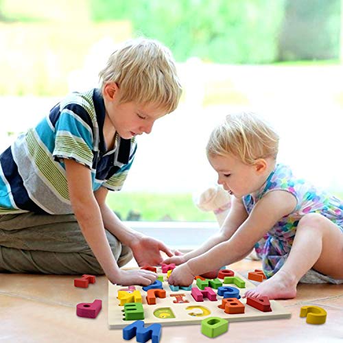 Supkiir Alphabet Number Puzzle, Wooden Pattern Learning Letters for Kids, Colorful ABC&123 Chunky Blocks Educational Toys for Boys and Girls