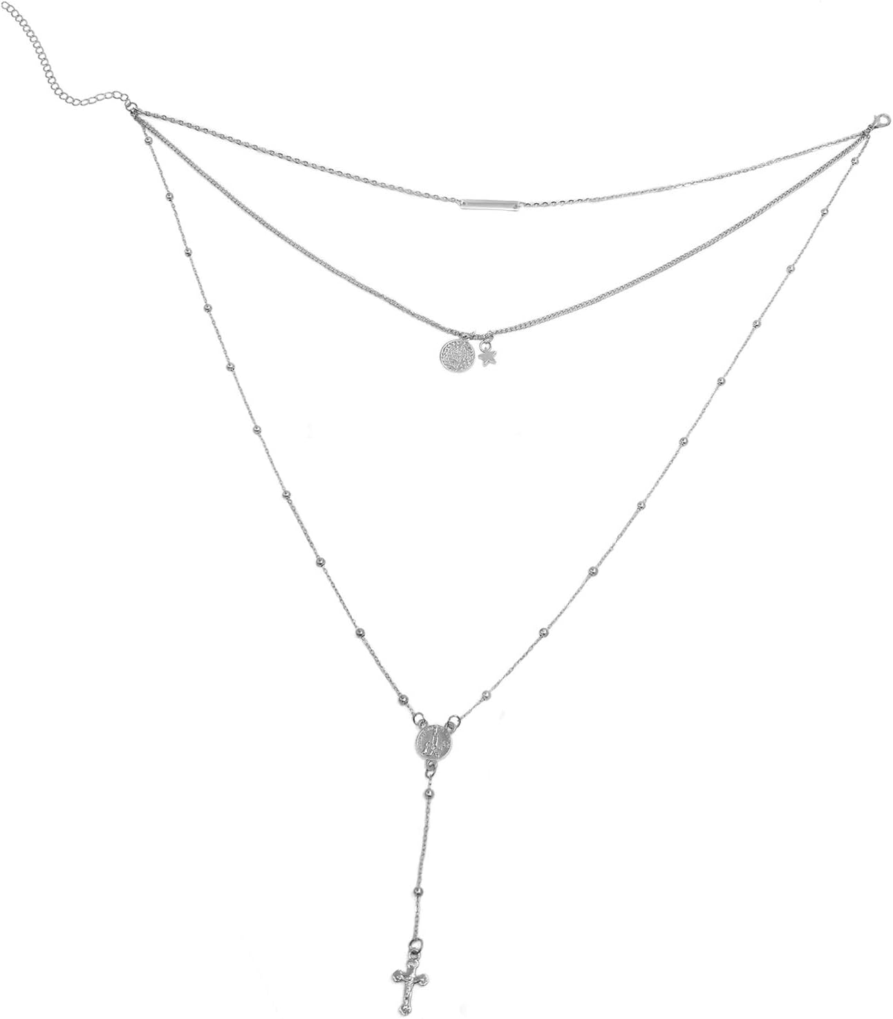 Women Multi-Layer Sequins Choker Layered Beads Long Sweater Chain Necklace with Cross Pendant