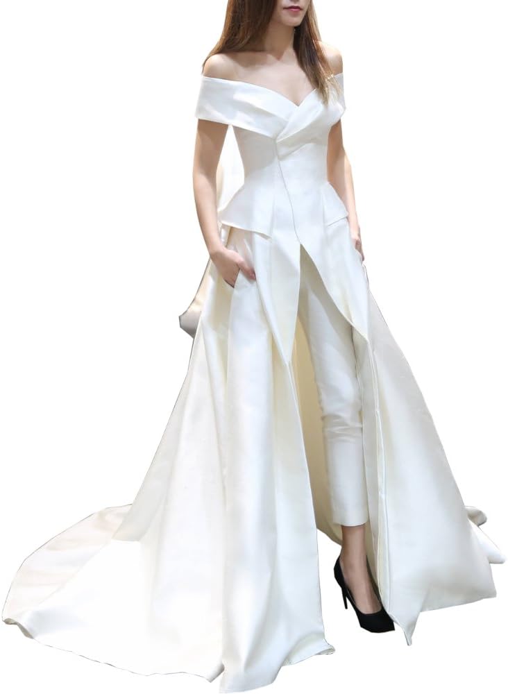 Ike Chimbandi Women's Jumpsuit With Long Train Evening Dress Off White Prom Gown