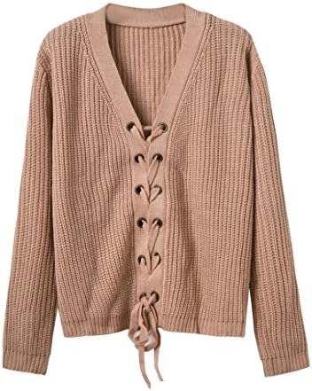 ABADAY Khaki Plunge V-neck Lace Up Front Long Sleeve Knit Jumper