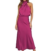 Women Sleeveless Mock Neck Cocktail Dresses Elastic Waist Party Wedding Guest Dress Satin High Split Maxi Evening Dress