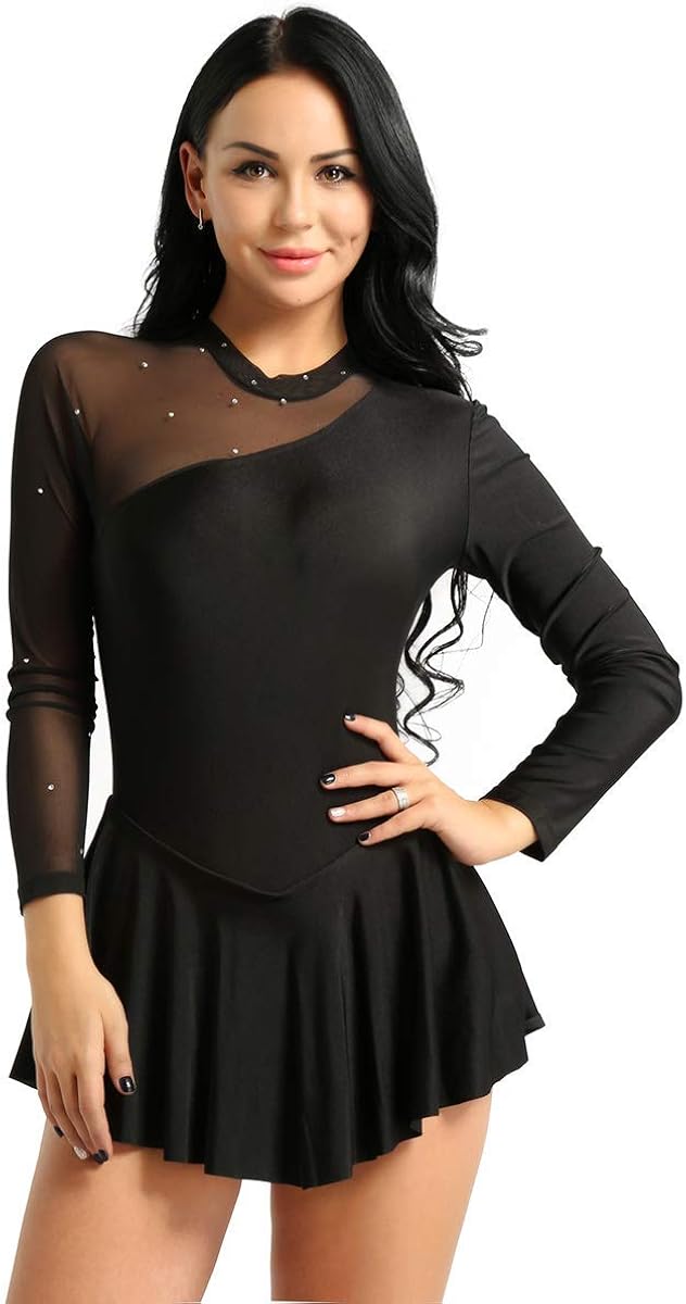 MSemis Women Adult Long Sleeve Mesh Figure Ice Skating Dress Ballet Leotard Dress Lyrical Dance Costume: Clothing