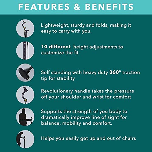 Posture Cane - Adjustable Anti Shock Hiking Walking - Trekking Poles | Mobility Device, Portable, Lightweight, Adjustable, Self-Standing, Folding, Collapsible Hand Walking Stick, 10 Height Adjustment