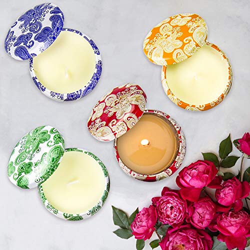 Yinuo Mirror Scented Candles Gift Set, Natural Soy Wax 4.4 Oz Portable Travel Tin Candles Women Gift with Strongly Fragrance Essential Oils for Stress Relief and Aromatherapy - 4 Pack