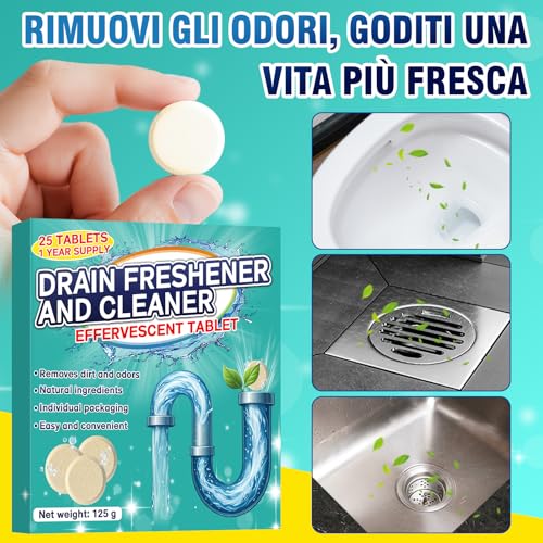 Smelly Drain Cleaning Tablets - 25 Effervescent Tablets - Eliminates Bad Odors from Sink, Toilet, Shower and Kitchen - Suitable for PVC, Steel and Septic Tanks