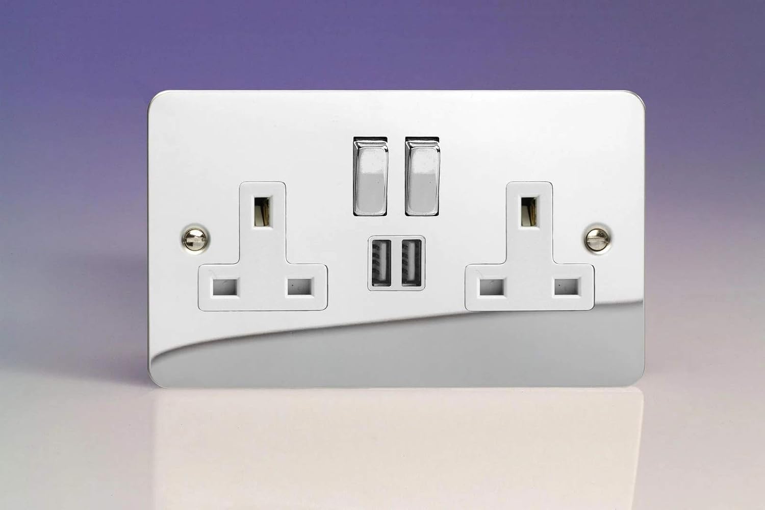 Ultra Flat Polished Chrome 2 Gang 13 Amp Socket + 2x USB Charging Port, White Inserts