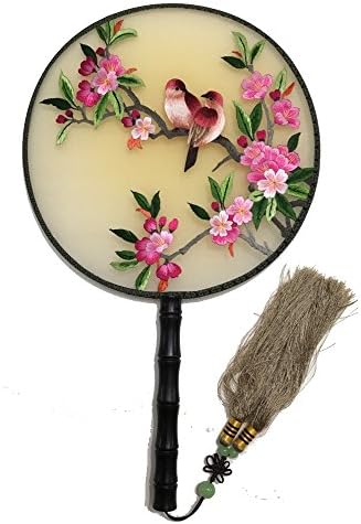 HANDMADE Floral Embroidery Rare Double-Side Needlwork 3D Lifelike Birds Silk Hand Round fan STITCHWORK Chinese Traditional Cultural Treasure
