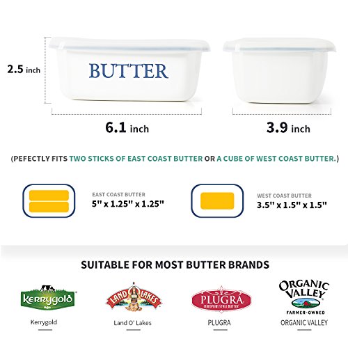 SveBake Butter Dish - Enamel Butter Boat Unbreakable Butter Keeper Container with Airtight Plastic Lid for Kitchen, White