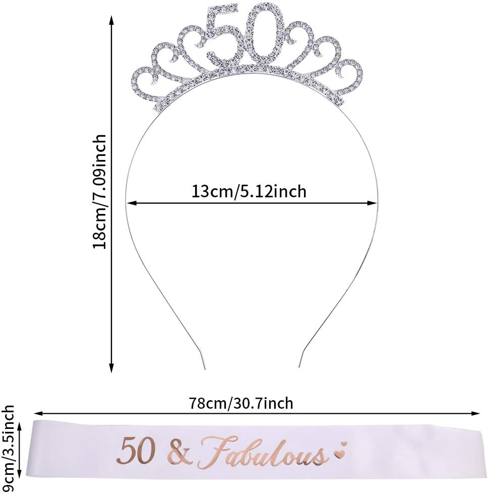 Hugttt 50th Birthday Tiara and Sash, 50 Fabulous Glitter Satin Sash and Crystal Crown - Image 3