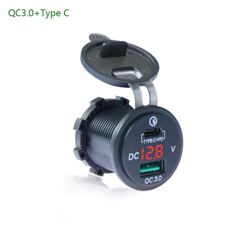 Red LED Voltmeter for 12 V ~ 24 V Car Boat Motorcycle SUV Bus Truck Caravan Marine QC 3.0 PD Type C Car Charger with LED Voltmeter Car USB Socket with QC 3.0 USB Socket Waterproof and Dustproof