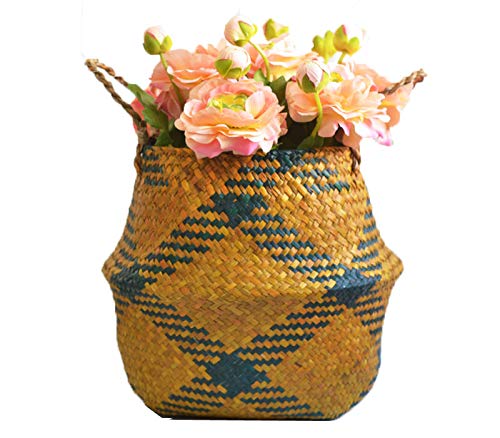 SZETOSY Natural Seagrass Basket - Hand Woven Storage Basket With Handle for Toys, Laundry, Flower Planter, Yellow Square Style#6 22CMX20CM