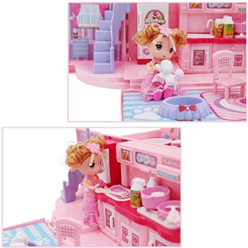 deAO 2-in-1-Spielset für Kinder in Rosa mit tragbarem Puppenhaus, Licht- und Musikfunktionen, Zubehör, Tragetasche und… – Bild 6