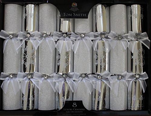 Tom Smith - Luxury Silver Christmas Crackers - Pack of 8 - Each Containing a Distinctive Surprise Gift