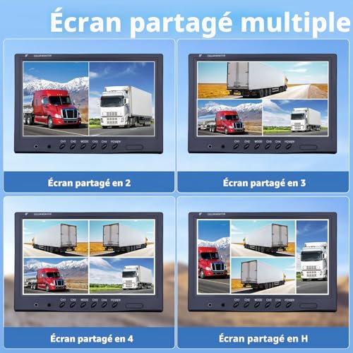 Vehicle Reversing Camera - Camecho 9"/9 Inch Monitor 4 Split Front View, Rear View Camera Truck 18 IR Waterproof Night Vision with 0.6 x 10.1 m and 0.6 x 19.8 m Cables for RV, Trailer, Bus