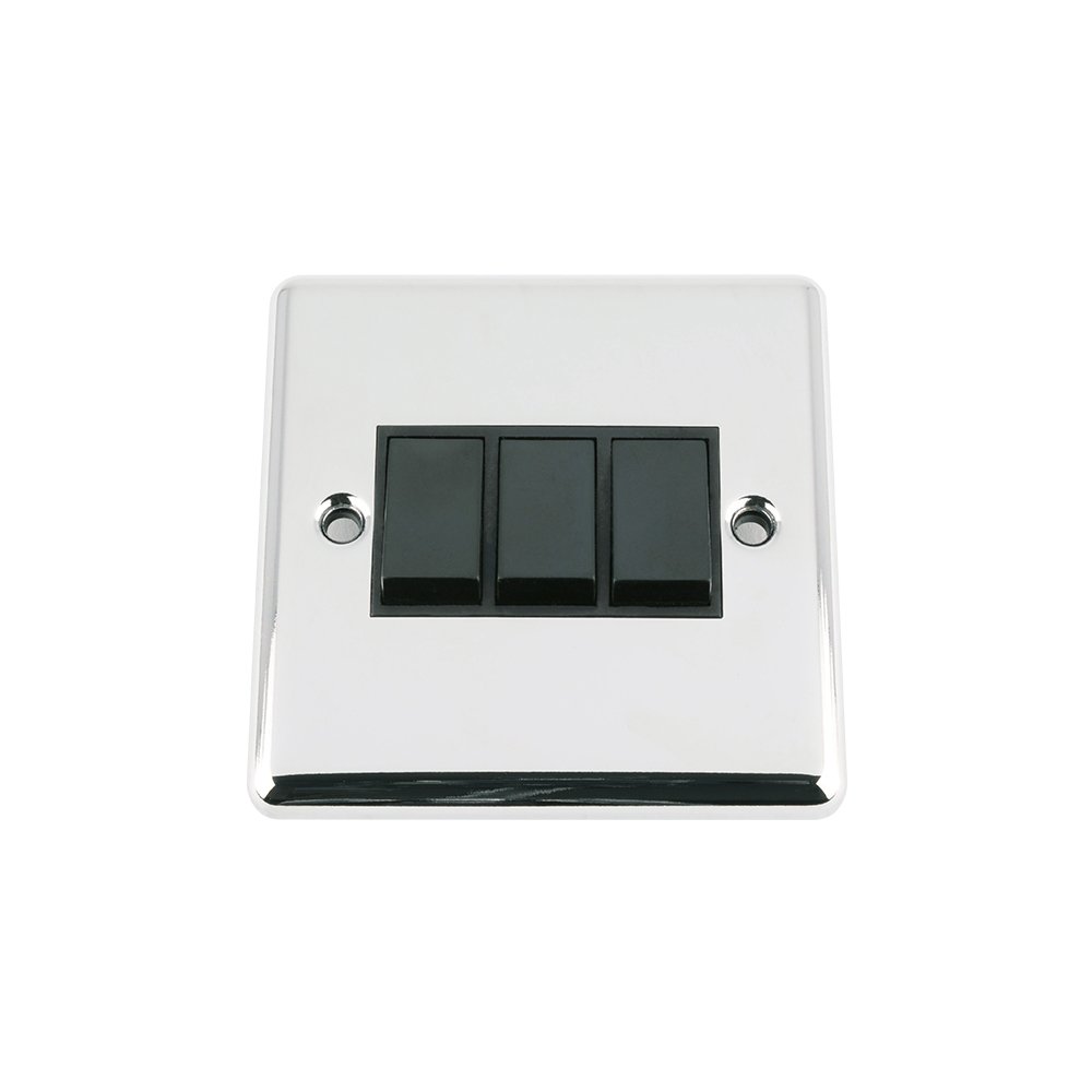 A5 Light Switch 3 Gang - Polished Chrome - Classic - BLack Insert Plastic Switch - 10 Amp Triple 3 Gang 2 Way