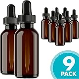 Glass Bottles for Essential Oils - 9 Pack 30 ml Refillable Empty Amber Bottle with Dropper and Cap - DIY Blends Supplies Tool & Accessories Perfume Aromatherapy - Carrier Oil Kit - Bulk Essentials