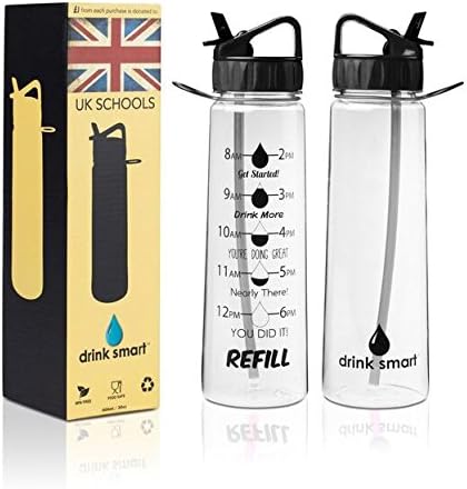 DRINK SMART UK Sports Water Bottle 900ml - MOTIVATIONAL Time Markings helps you hydrate.
