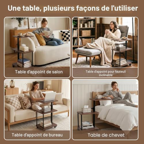 Bingyouth Side Table with Wheels 360° Swivel Tray Adjustable Height 47-71 cm Rolling Table Walnut End of Sofa with Storage Space Mobile Side Table for Living Room and Bedroom
