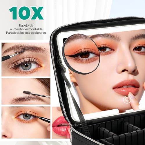 RAMSPIT Bolsa De Maquillaje Con Espejo y Led, Estuche De Maquillaje Con Lupa De 10X, Neceser Maquillaje, 3 Colores De Luz y Ajustes De Brillo, Compartimentos Ajustables DIY, Cosmetiquera De Viaje