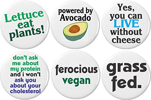Set 6 Cute Funny Vegan Quotes Sayings 1.25' Buttons Pins Lettuce Avocado Grass