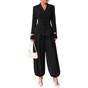MorwenVeo Pant Suits for Women Dressy 2 Piece Business Casual Outfits | Work Office Set, Tie Back Blazer, Balloon Pants, Brea