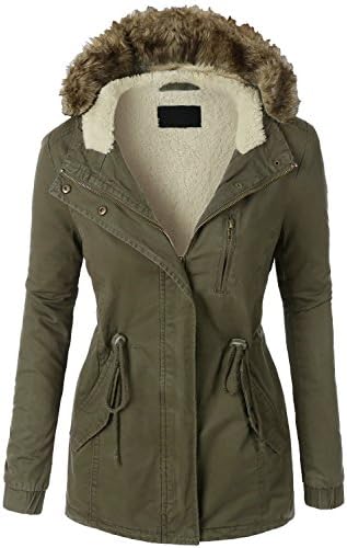 KOOLDO Womens Sherpa Faux Fur Lined Classic Hooded Anorak Parka Jacket-1X-OLIVE