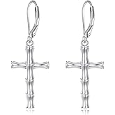 Bamboo Cross Earrings Sterling Silver Cross Dangle Drop Earrings Christian Religious Jewelry Gifts for Women