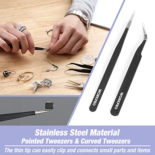 WORKPRO 5 Pieces Jewelry Pliers, Jewelry Tools Includes 6 IN 1 Wire Loop Pliers, Nylon Nose Pliers, Bent Nose Pliers for Jewelry Making, Pointed Tweezers, Curved Tweezers, with Storage Bag