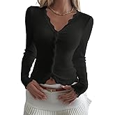 Naileksi Women Y2k Henley Button Down Lace Patchwork Crop Top Fairy Long Sleeve Lettuce Trim Tees Sexy V Neck Blouse Top