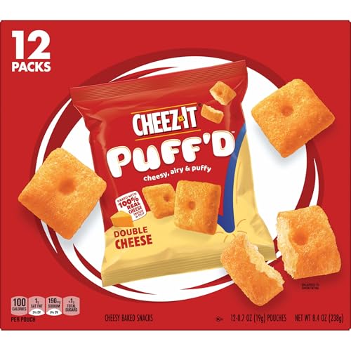 CHEEZ-IT PUFF’D CHEESY BAKED SNACKS, PUFFED CRACKERS, KIDS SNACKS, GRAB N’ GO, DOUBLE CHEESE, 8.4OZ BOX (12 POUCHES)