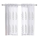 DWCN Floral Embroidered White Sheer Curtains Faux Linen Rod Pocket Window Curtain for Bedroom, Set of 2 Panels,52x63 inches Long