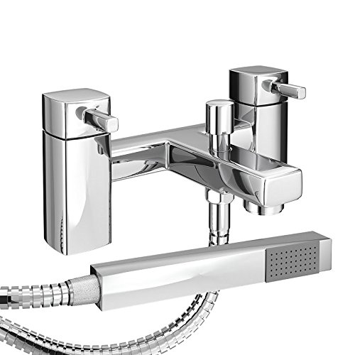 VeeBath OBA72 Oldham Soft Square Monobloc Double Lever Bath Mixer Tap Bathroom Tub Filler Brass Faucet with Shower Head-Chrome