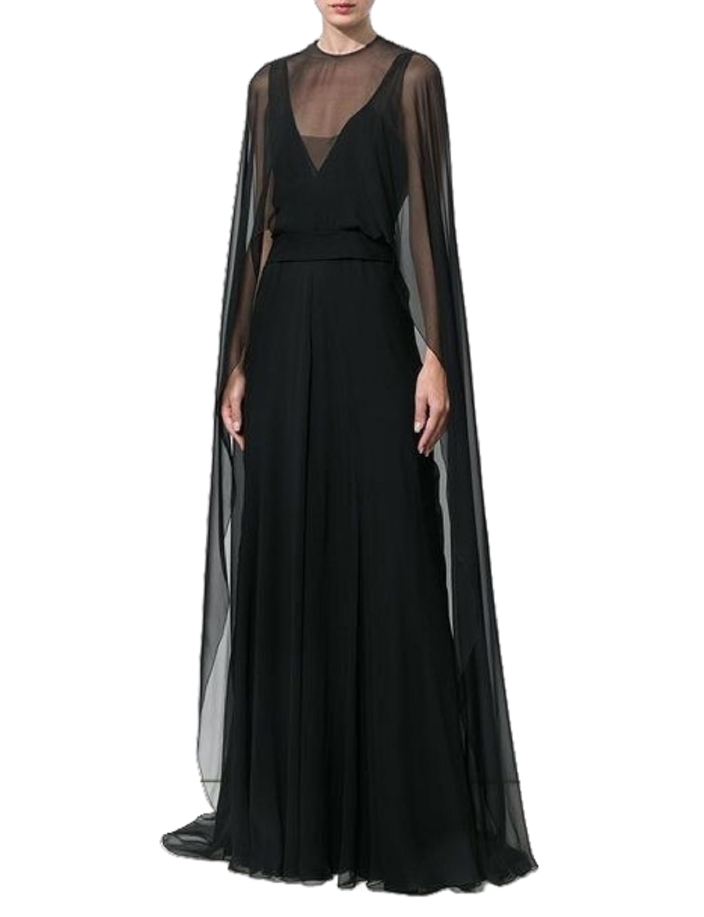 Photo 1 of Hedovan Women Chiffon Cape Poncho Sheer Mesh Long Shawl Wrap High-Low Capelet Bridal Wedding Evening Dress Cover Up(Flowy Black,One Size)
