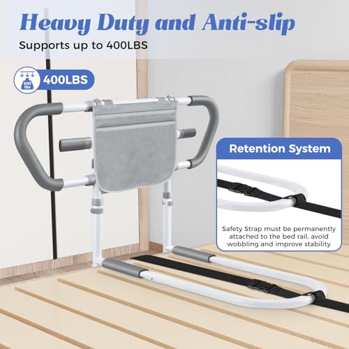 Bedside Rail for Elderly Safety Adjustable Bed Aid with Storage Pocket, Non-Slip Handle,400 lbs Gravity Capacity Gray(Stand-Compatible with Bed Frames 13.19" or Higher)