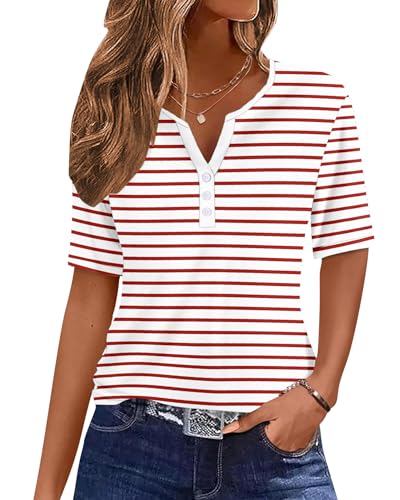 WNEEDU Women's Summer T-shirts Short Sleeve Elegant Blouses with V Neck and Buttons Top Tshirt