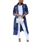 chouyatou Women's Distressed Hole Over Knee Midi Long Denim Jacket Trench Coat