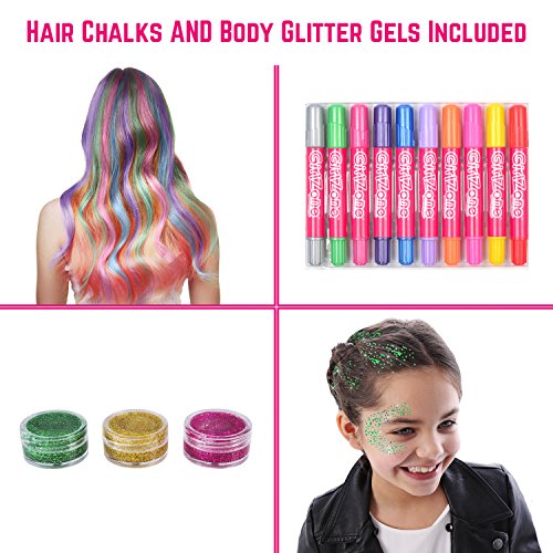 GirlZone: Hair Chalk & Body Glitter Gels Makeup Set for Girls: 10 Hair Chalks & 3 Hair, Body & Face Glitter Gels Great Birthday Present Gifts for Girls Aged 4 5 6 7 8 9 10 Years Old - Thumbnail 5