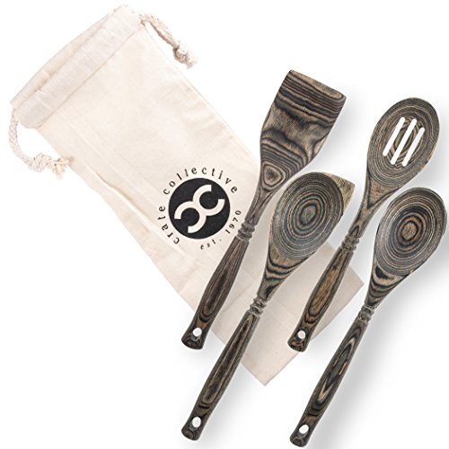 Exotic Pakka Wood 12-inch Stirring Spoon Set with Standard Spoon, Slotted Spoon, Corner Spoon, and Straight-Edge Spatula - Versatile with Durable Lightweight Material - By Crate Collective (Beechnut)