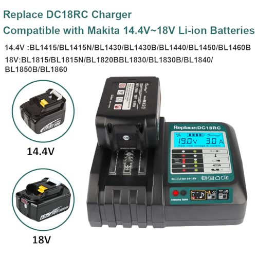 Powarobor DC18RC 18V Fast Charger Compatible with Makita 14.4V-18V Replacement Battery with LCD Display BL1830B BL1850B BL1860B