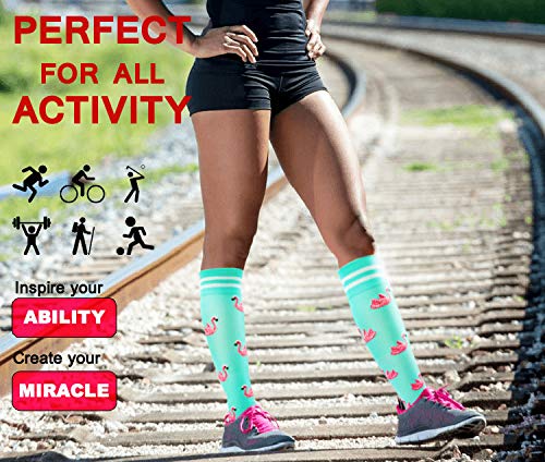 Compression socks women (Best Support,15-25mmhg,Knee High,Colorful,Cute,Funny,Novelty,Graduated,Sports Stocking) (1pair-flamingo, Large/X Large)
