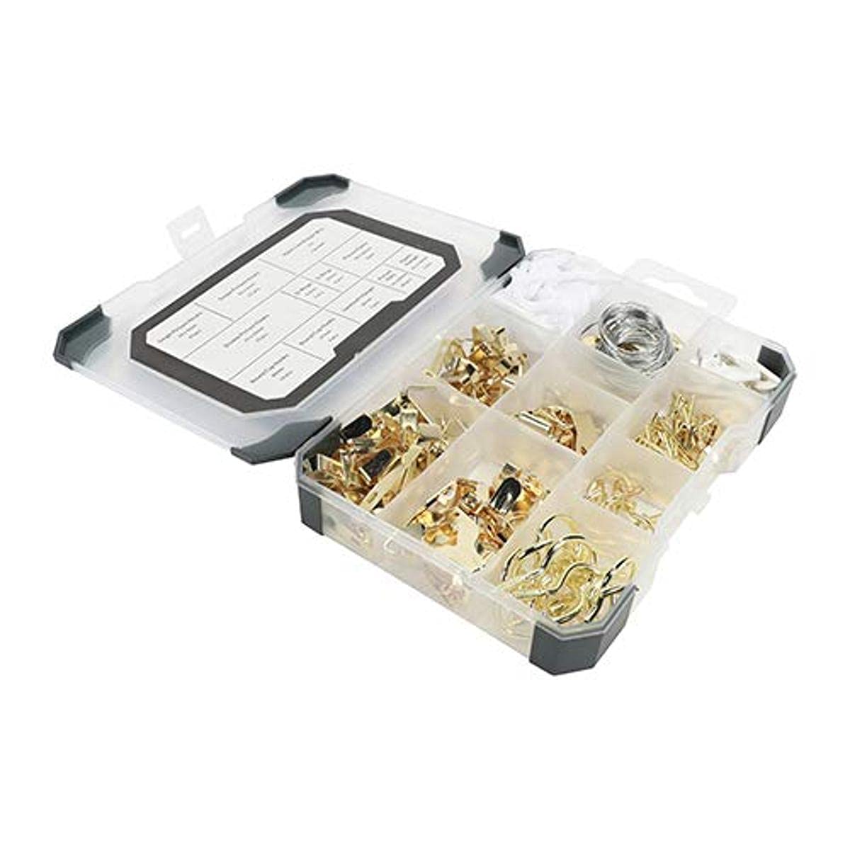 TIMCO Picture Hanging Kit Tray - 179pcs - Brass Plated Picture Plates, Hangers, D-Rings, Picture Nails, Sawtooth Brackets and Hooks