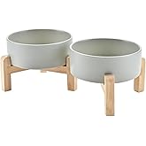 SPUNKYJUNKY Elevated Dog Bowls Ceramic, 5.1'' Dogs and Cat Food Water Bowls Raised with Non-Slip Bamboo Stand for Puppy Small Sized Breed Microwave Dishwasher Safe - 13.5 OZ,Grey