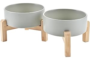 SPUNKYJUNKY Elevated Dog Bowls Ceramic, 5.1'' Dogs and Cat Food Water Bowls Raised with Non-Slip Bamboo Stand for Puppy Small Sized Breed Microwave Dishwasher Safe - 13.5 OZ,Grey